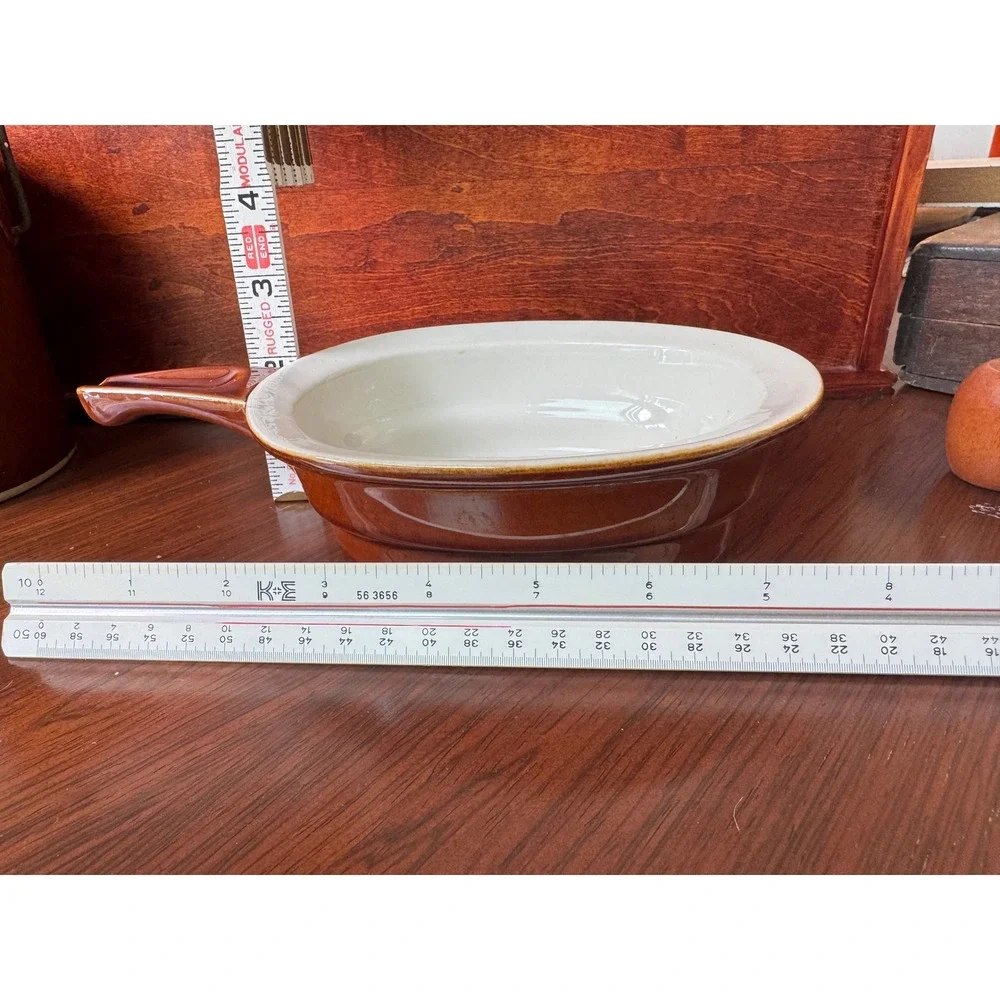Hall China Don Stakups Brown Drip Glaze Oval handled Baker Dish Vintage